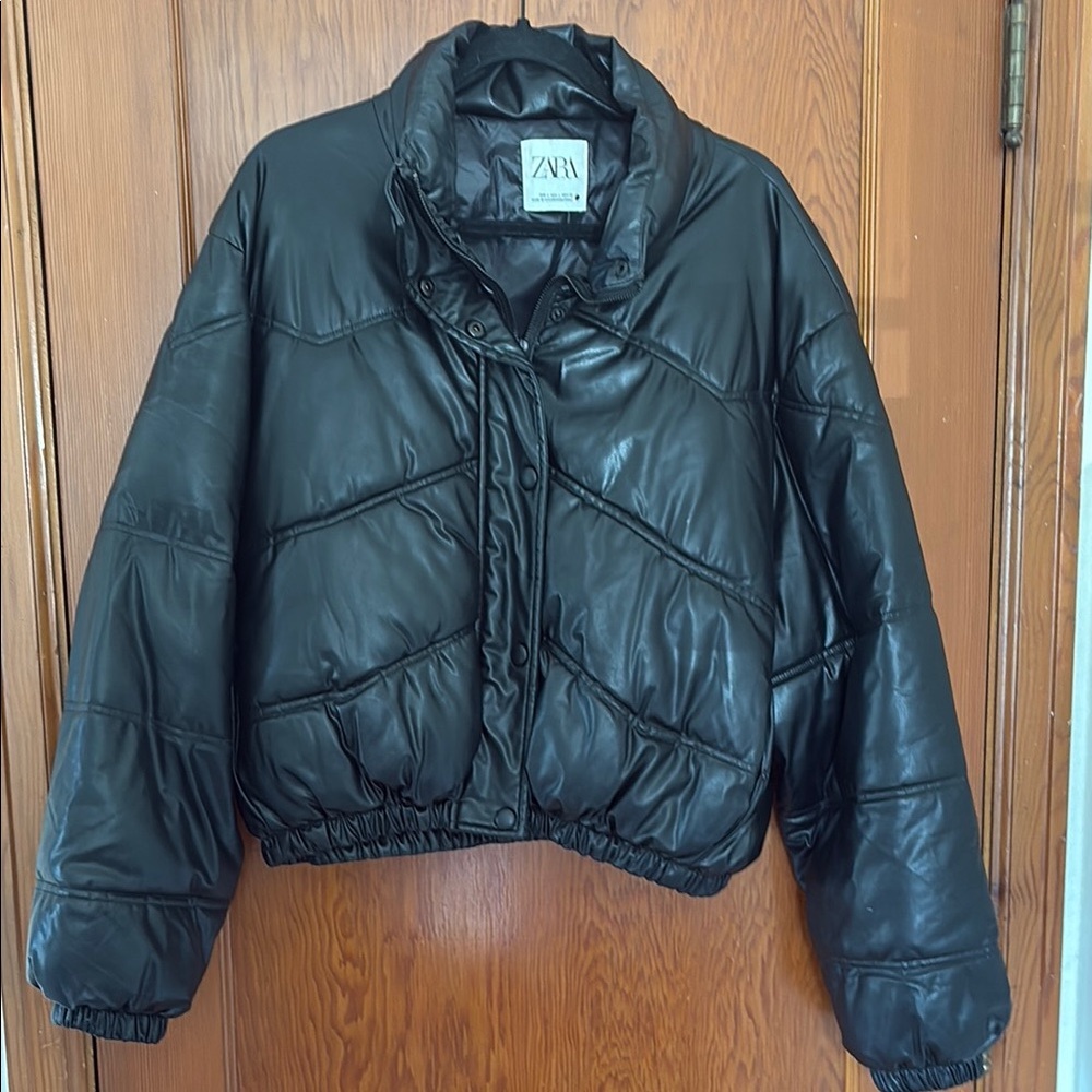 Zara Black Puffer Jacket with Glossy Finish